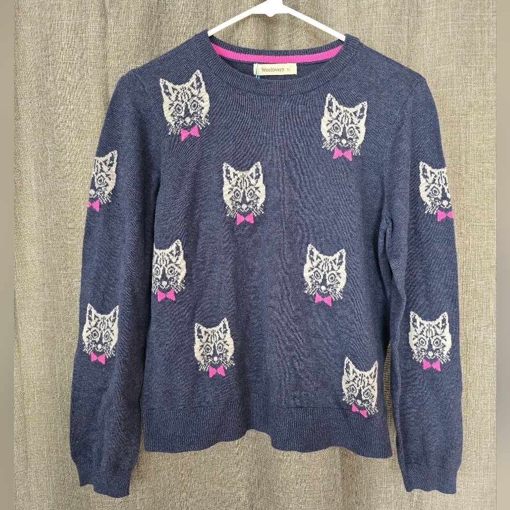 Woolovers Blue Button Back Cat Face Sweater Size XS Cotton And Wool